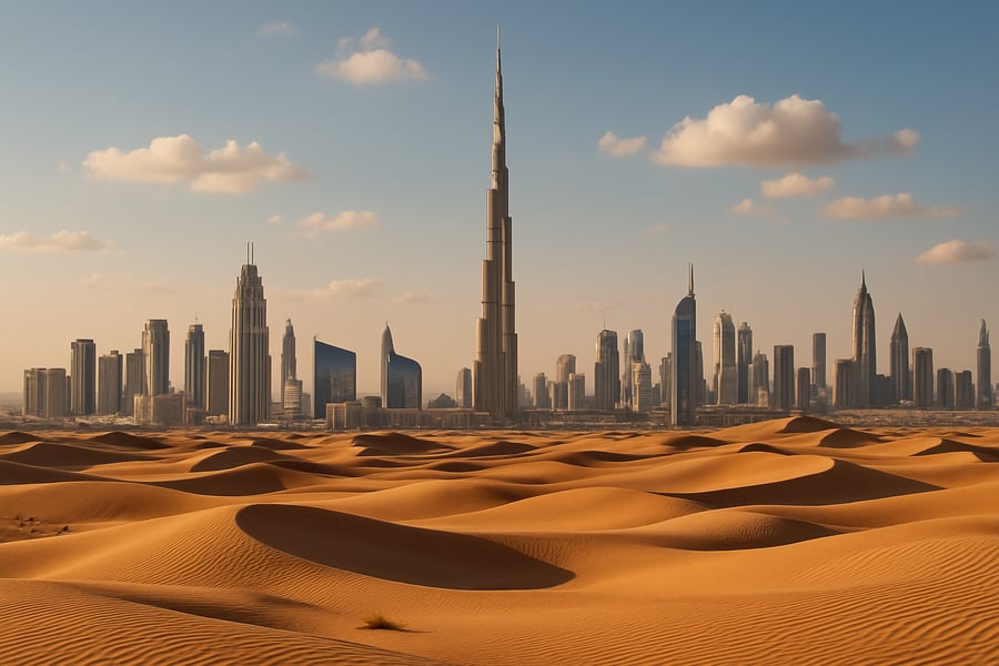 Dubai skyline with iconic Burj Khalifa and desert landscape