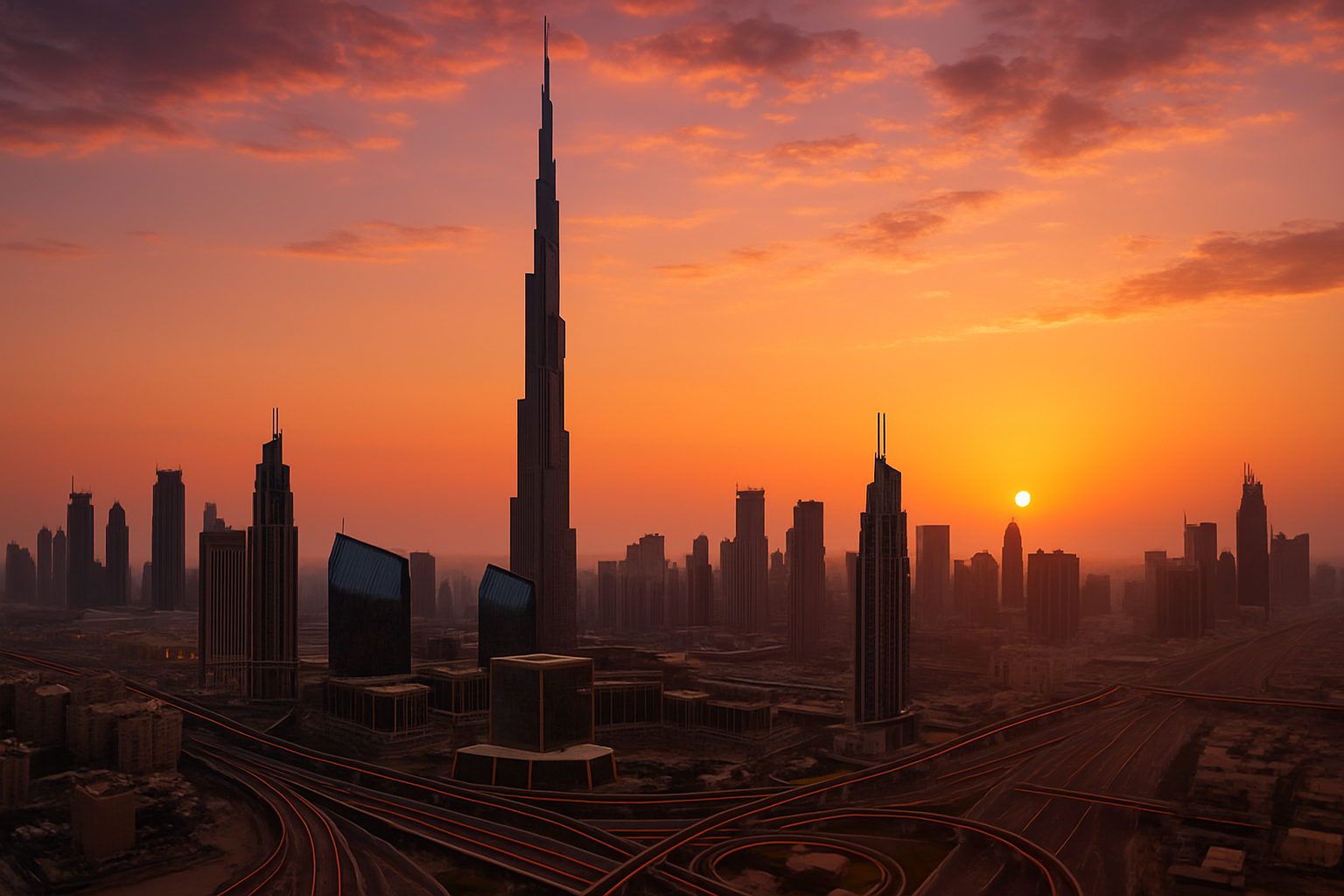 Dubai skyline with iconic Burj Khalifa at sunset