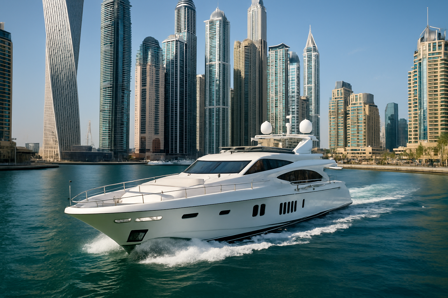 Luxury yacht cruising along the Dubai Marina